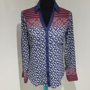 Express Women's Portofino Slim Fit Boho Paisley Button Up Shirt XS Blue Red